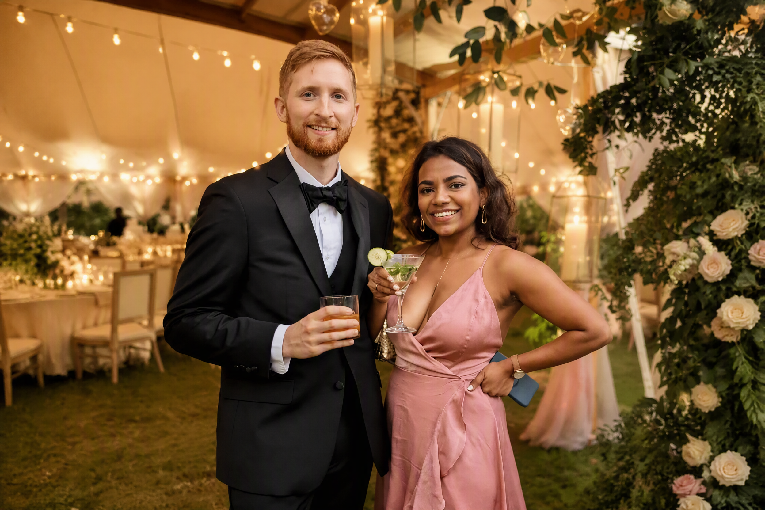 Casal num ambiente de festa com vestido rosa antigo
