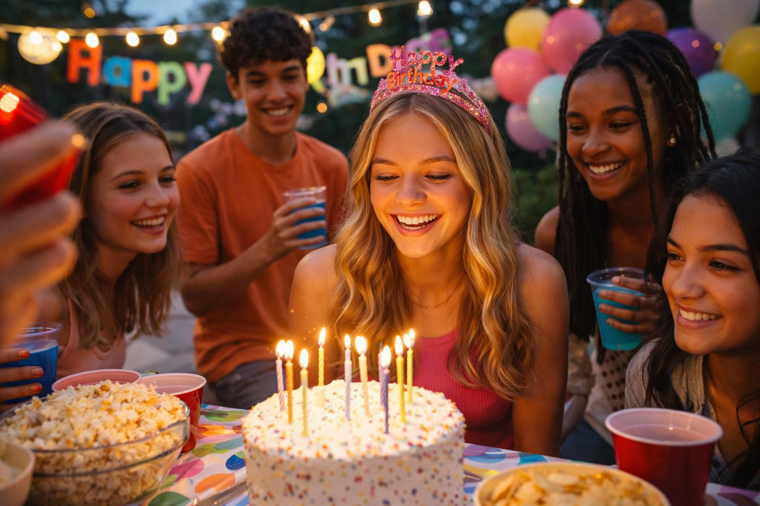 Festa de aniversário ao ar livre com bolo e convidados